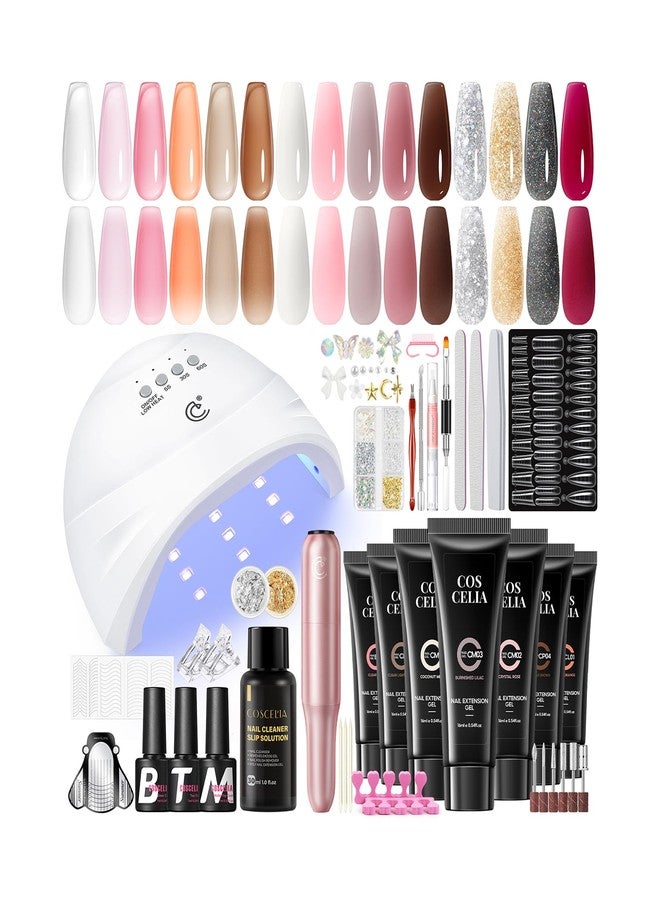COSCELIA 50PC Poly Nail Gel Kit Starter Kit with Drill and Lamp 15 Colors 16ML Nail Extension Gel for Beginners All Season Nail Decorations Professional Poly Extension Kit Gifts for Women - Image 1
